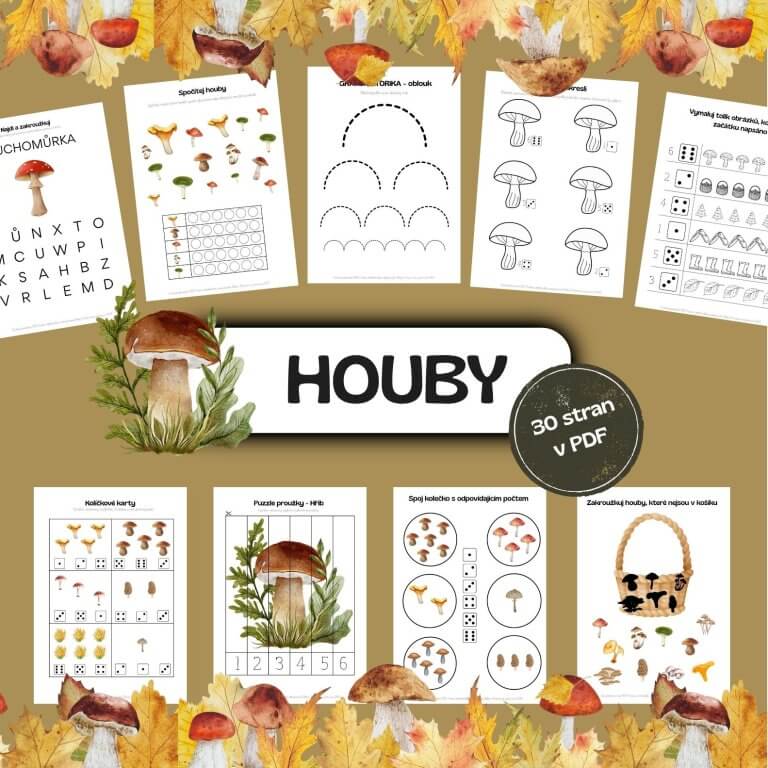 HOUBY - soubor aktivit - - v PDF k vytisknutí – podzimní výukový materiál a pracovní listy pro děti z e-shopu na téma plody podzimu, les