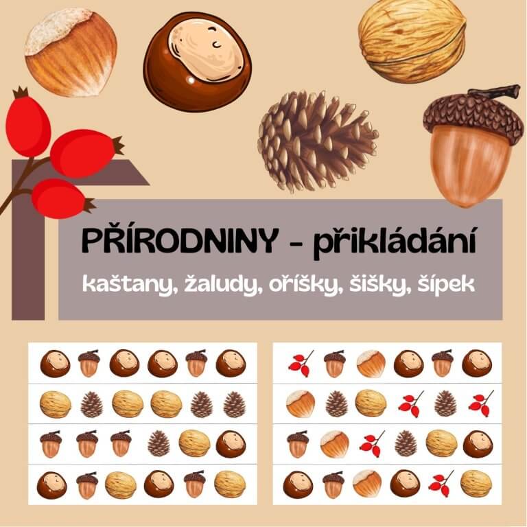 Přírodniny- přikládání - - v PDF k vytisknutí – podzimní výukový materiál pro děti z e-shopu pro přikládání přírodnin na předlohu