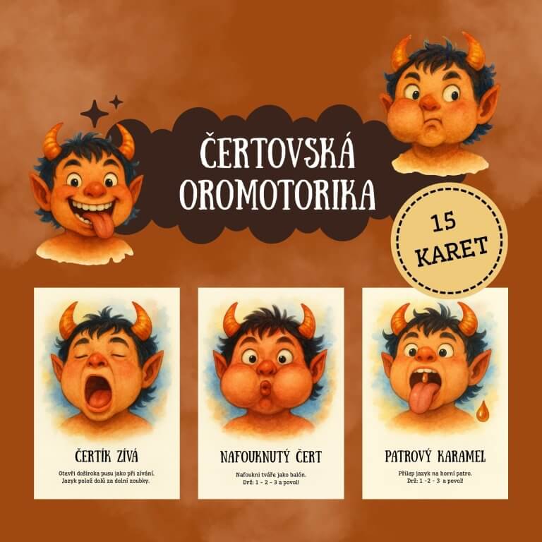 Čertovská oromotorika - v PDF k vytisknutí – výukový materiál pro děti k tématu Mikuláš pro logopedii (dechové, artikulační, fonační cvičení) z e-shopu
