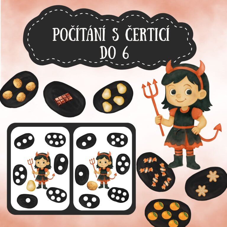 Počítání s čerticí - v PDF k vytisknutí – výukový materiál na téma Mikuláš pro děti z e-shopu, počítání do 6