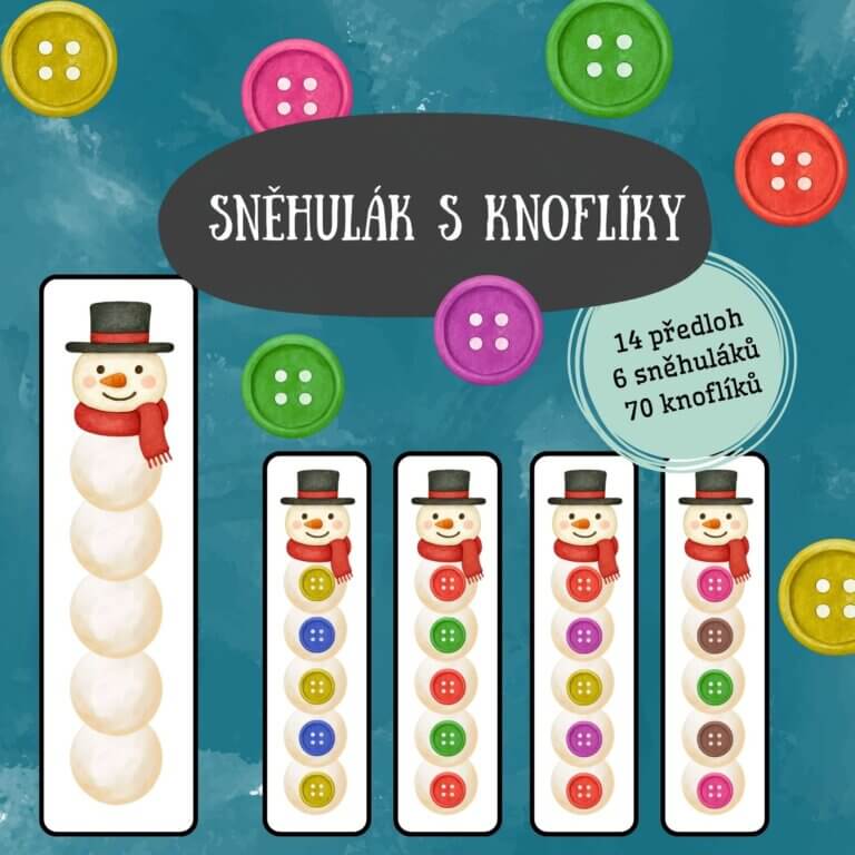 Sněhulák s knoflíky - v PDF k vytisknutí – zimní výukový materiál pro suchý zip, skládání barevných knoflíků podle předlohy pro děti z e-shopu