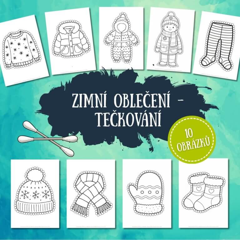 Zimní oblečení- tečkování - v PDF k vytisknutí – výukový materiál pro děti z e-shopu pro rozvoj jemné motoriky