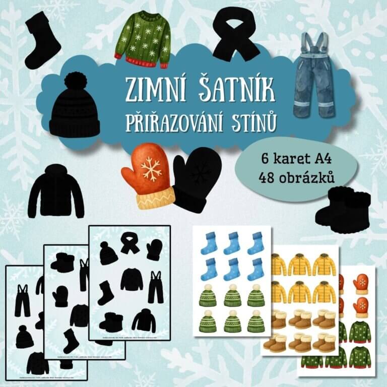 Zimní šatník - přiřazování stínů - - v PDF k vytisknutí – výukový materiál pro děti z e-shopu