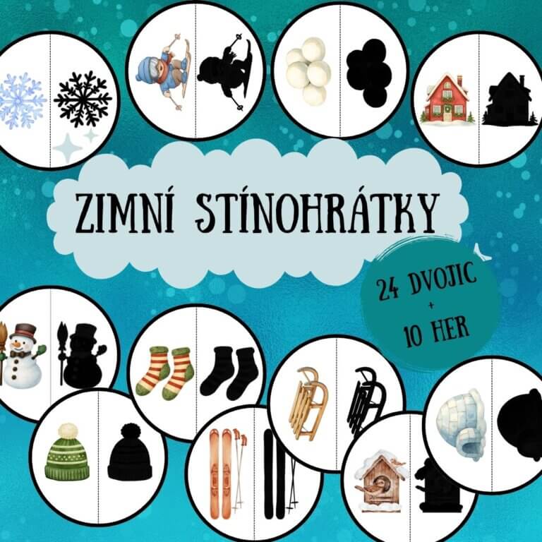 Zimní stínohrátky - v PDF k vytisknutí – výukový materiál pro přiřazování stínů pro děti z e-shopu