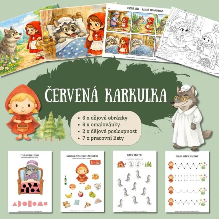 Červená Karkulka - - v PDF k vytisknutí – výukový materiál a demonstrační karty, pracovní listy a omalovánky na téma pohádky pro děti z e-shopu