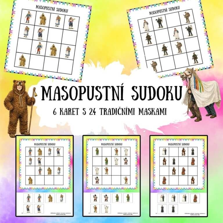 Masopustní sudoku - v PDF k vytisknutí – výukový materiál pro děti z e-shopu