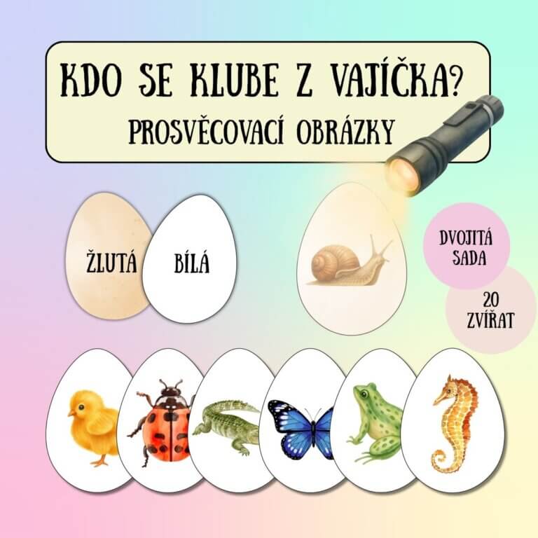 Kdo se klube z vajíčka - v PDF k vytisknutí – výukový materiál a prosvěcovací obrázky na Velikonoce a jaro pro děti z e-shopu