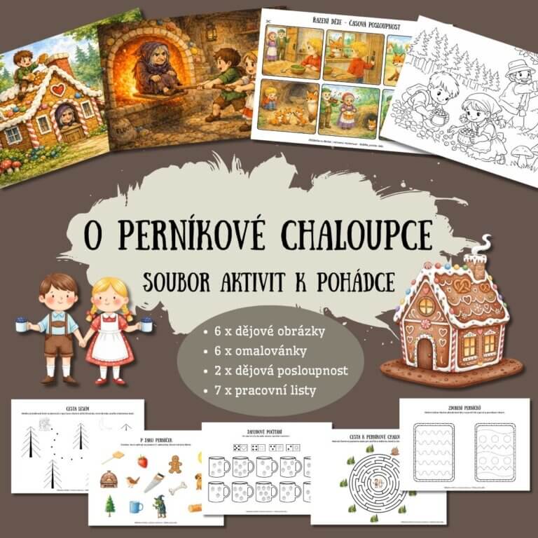 O perníkové chaloupce - v PDF k vytisknutí – výukový materiál a demonstrační karty, pracovní listy a omalovánky na téma pohádky pro děti z e-shopu