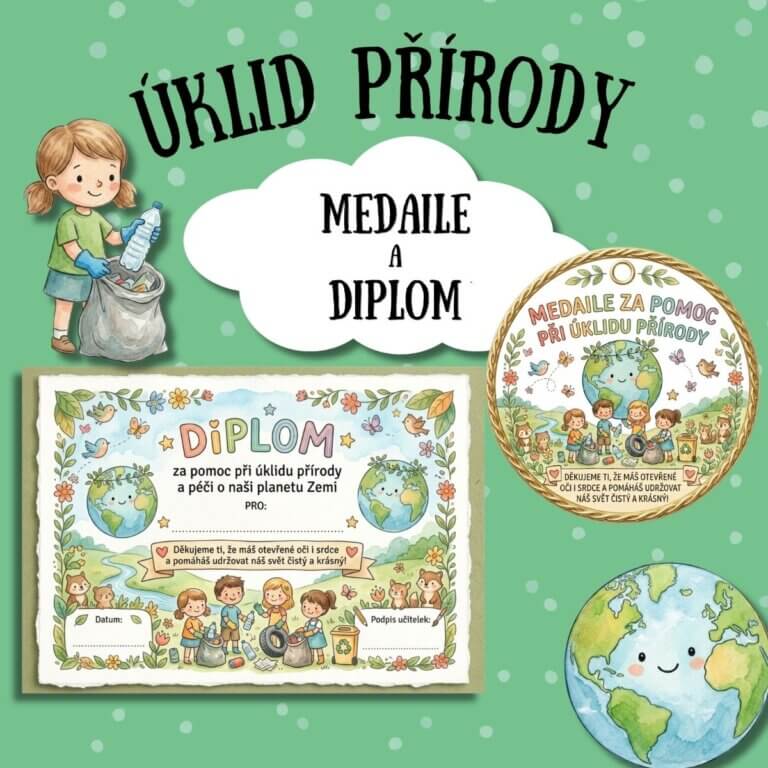 Úklid přírody - medaile a diplom - v PDF k vytisknutí – výukový materiál ke Dni Země pro děti z e-shopu