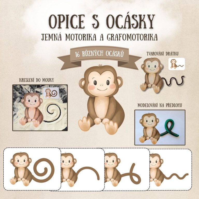 Opice s ocásky - v PDF k vytisknutí – výukový materiál a jemná motorika a grafomotorika pro děti z e-shopu