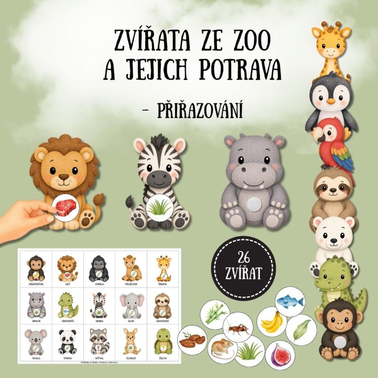 Zvířata ze ZOO a jejich potrava - přiřazování- v PDF k vytisknutí – výukový materiál pro děti z e-shopu
