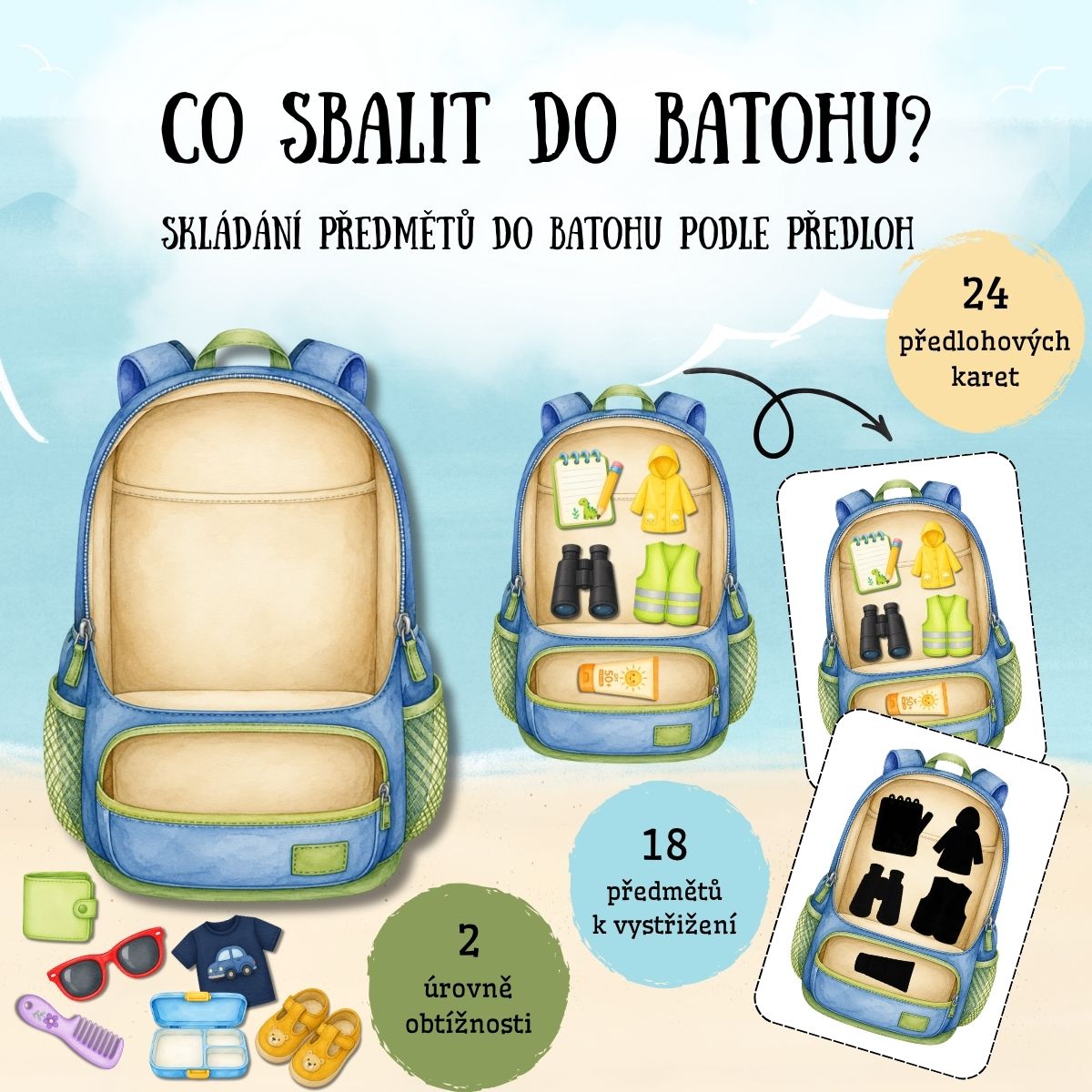 Co sbalit do batohu - v PDF k vytisknutí – výukový materiál, Didaktická aktivita, při které děti skládají předměty do batohu podle předloh