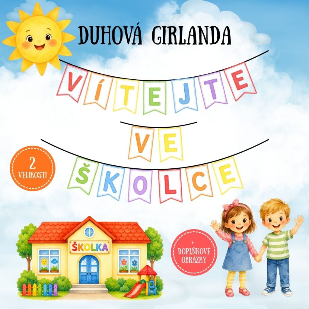Duhová girlanda - Vítejte ve školce - PDF materiál v e-shopu pro učitelky MŠ pro výzdobu třídy, šatny na začátek školního roku