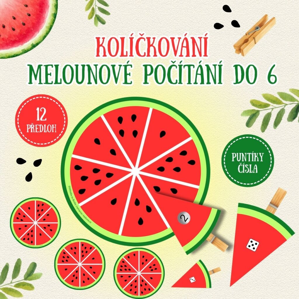 Kolíčkování - Melounové počítání do 6 - - v PDF k vytisknutí – výukový materiál, Didaktická aktivita, při které děti počítají počet semínek na melounu a kolíčkem upevňují dílek se shodným počtem