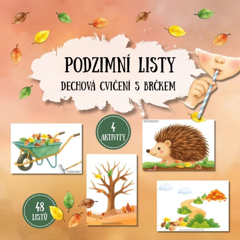 Podzimní listy - dechová cvičení s brčkem - PDF materiál k vytisknutí pro MŠ, 4 podzimní dechové aktivity, při kterých děti pomocí brčka přenášejí, rozfoukávají nebo posouvají podzimní listy.