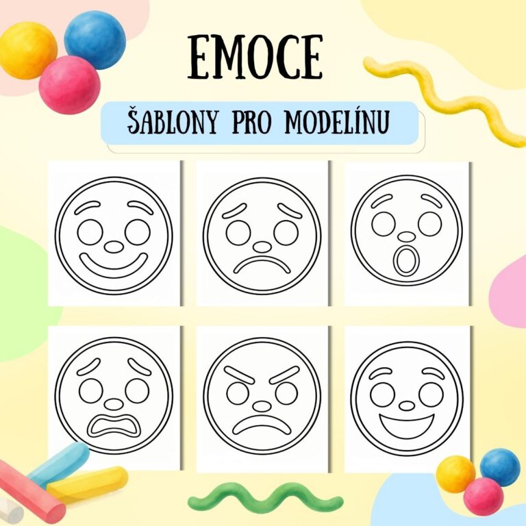 Emoce - šablony pro modelínu v PDF k vytisknutí pro MŠ – výukový materiál, Didaktická aktivita, při které děti pomocí modelíny dotvářejí obličeje znázorňující šest dětem srozumitelných emocí.