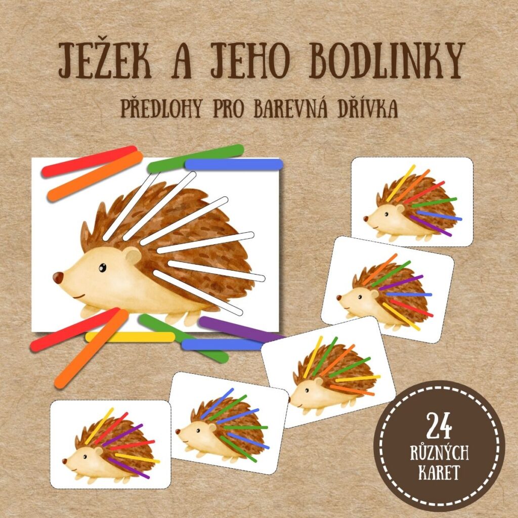 Ježek a jeho bodlinky - předlohy pro barevná dřívka. v PDF k vytisknutí pro MŠ – výukový materiál, Didaktická aktivita, při které děti podle předlohy doplňují ježkovi barevné bodlinky pomocí barevných dřívek.