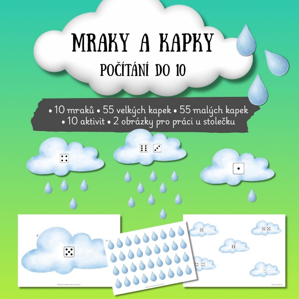 Mraky a kapky - počítání do 10 - v PDF k vytisknutí pro MŠ – výukový materiál, Didaktická aktivita, na téma počasí, se kterou s dětmi hravou formou procvičíte počítání do 10, porovnávání množství a přiřazování správného počtu kapek podle teček. Součástí materiálu je 10 aktivit