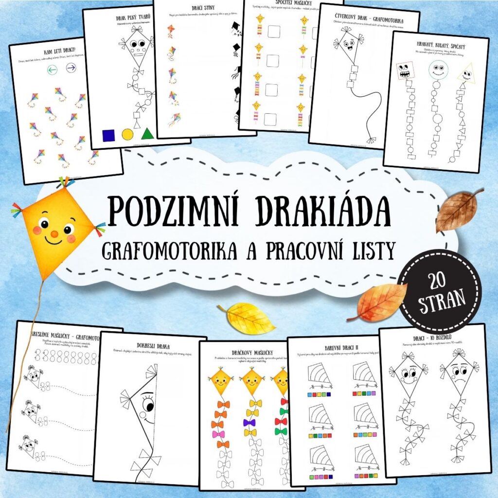 Podzimní drakiáda - grafomotorika a pracovní listy - v PDF k vytisknutí pro MŠ – výukový materiál, 20 listů pro předškoláky