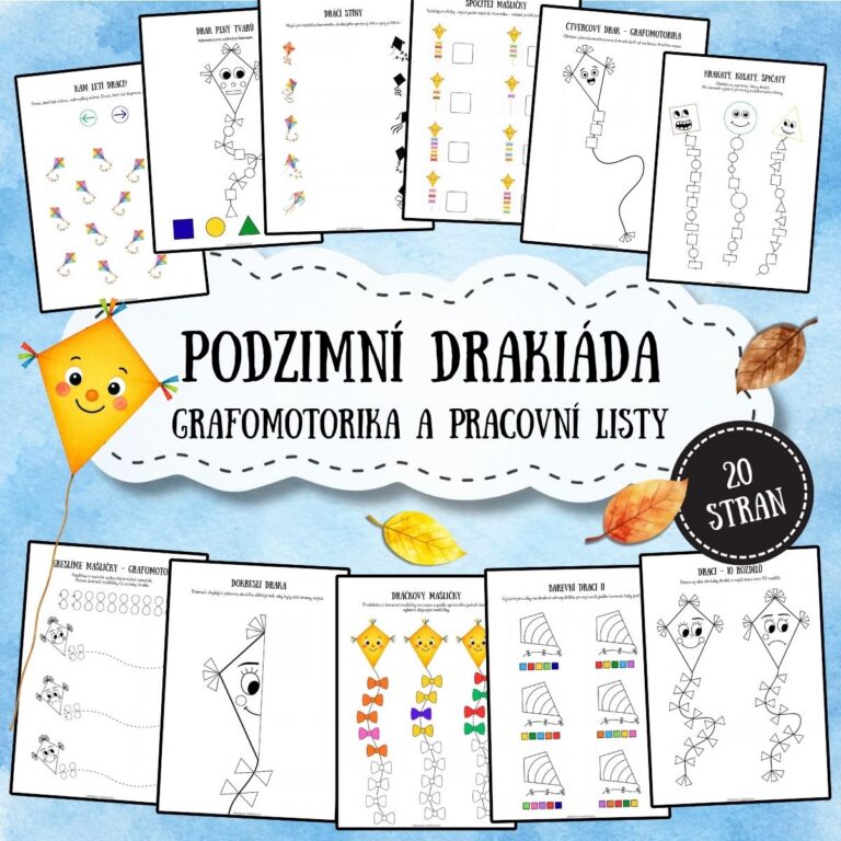 Podzimní drakiáda - grafomotorika a pracovní listy - v PDF k vytisknutí pro MŠ – výukový materiál, 20 listů pro předškoláky